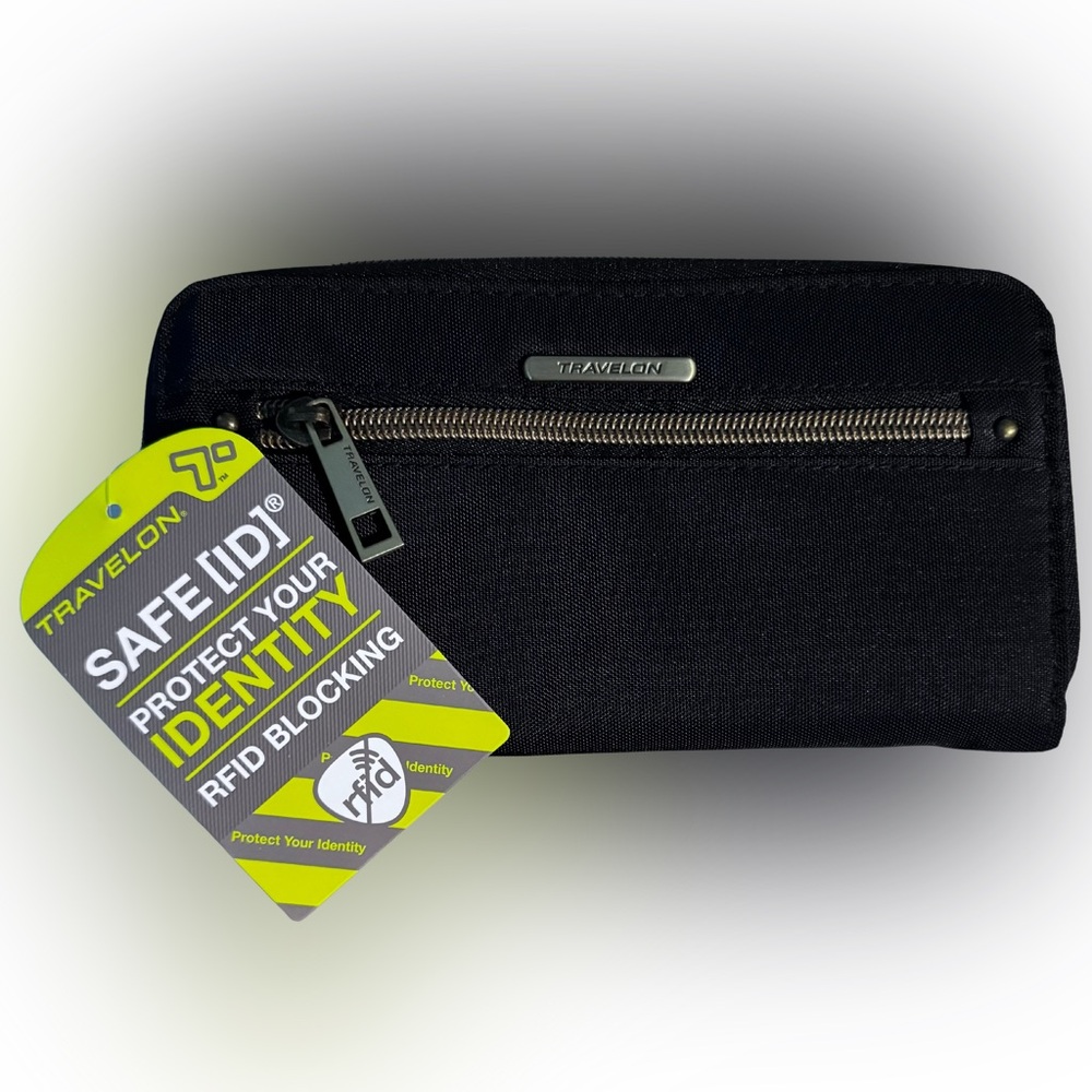 🆕 Travelon RFID Black Gold Hardware Zipper Clutch Accordion Wallet Wristlet